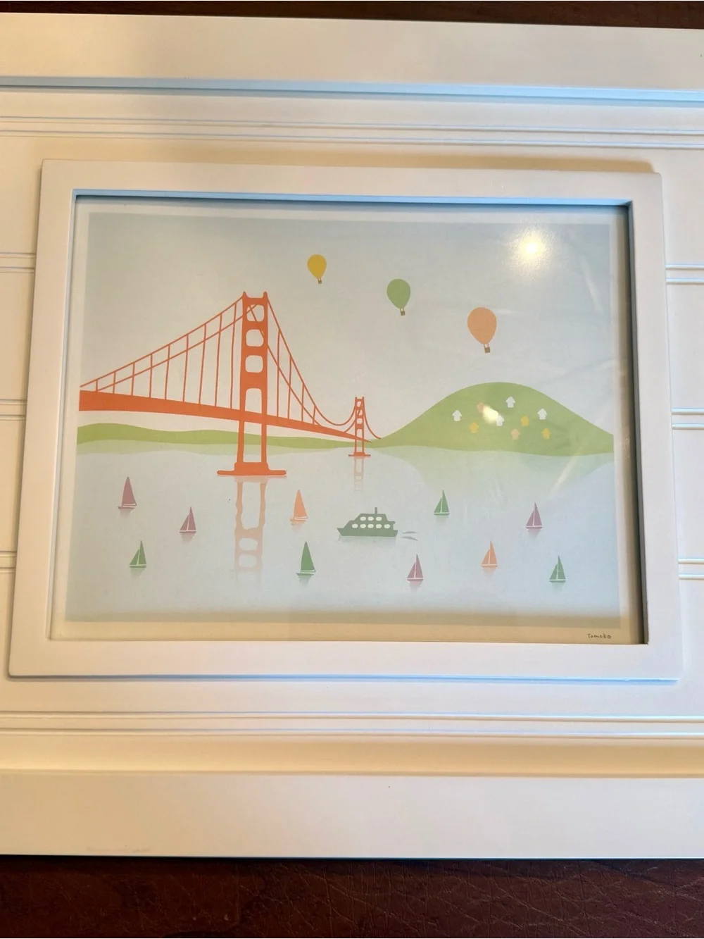 Framed Golden Gate Bridge Wall Art in Pastel Orange and Green